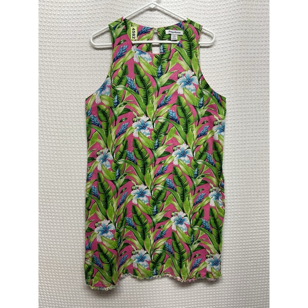 Tommy Bahama Linen Shift Dress Large Green Lined Sleeveless Pockets Resort Wear